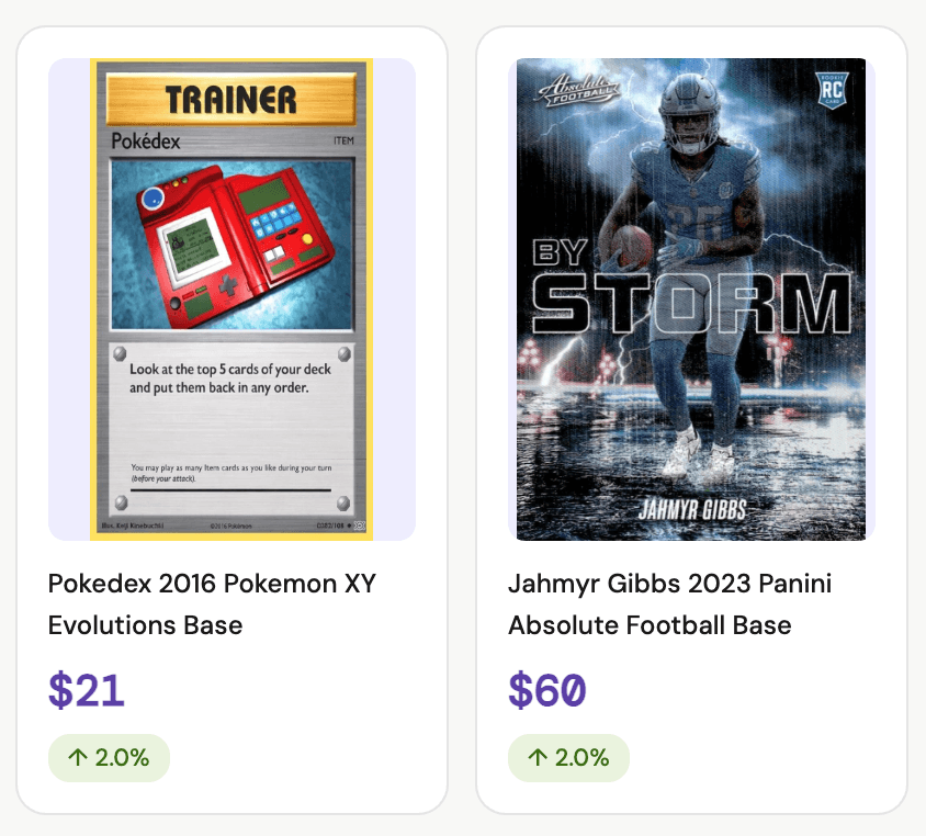 Two HobbyComp card listings: a Pokedex card at $21 and a Jahmyr Gibbs rookie card at $60, each up 2.0%